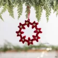 Burgundy red flocked flower wreath Christmas ornament with ribbon for tree hanging - Wreath Pendant / Burgundy