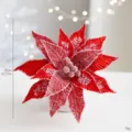Red velvet Christmas poinsettia flower with white ice crystals for DIY decoration - Red