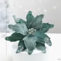 Teal artificial velvet poinsettia Christmas flower with silver glitter sequins, 26cm - Green