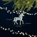 Iridescent unicorn Christmas tree ornament showing size 11.5cm by 11.3cm and 24g weight - White Unicorn / Iridescent Pearlescent