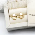 Close-up of elegant star-shaped DIY earring studs with white shell and zircon accents - Wreath Star Pair / 16*17mm
