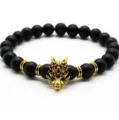 Bracciale in pietra vulcanica nera opaca 8mm testa di lupo perline dorate gioielli yoga uomo - Testa di Lupo Oro / Nero
