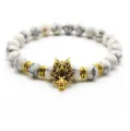 Goldener Wolfs Kopf weißer Howlith Stein Perlen Armband für Männer Yoga Meditation Schmuck - Goldener Wolfskopf / Weiß