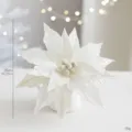 Large white artificial Christmas poinsettia flower with glitter for tree decoration - White