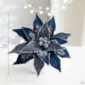 Blue velvet artificial Christmas flower with ice crystals and glitter, 26cm size - Blue