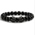 Bracelet de perles de pierre noire 8mm avec breloques couronne pour hommes femmes - Perle Ronde Noire