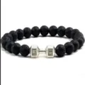 Zwarte lavasteen kralen armband met zilveren halter bedel voor fitness en yoga. - Lavasteen