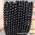Sartas de cuentas de ágata negra facetada natural 7A para la creación de joyas DIY - 10mm aprox 37 piezas / Cuentas de ágata negra facetadas 128 natural 7A