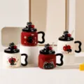 Tazza da caffe in ceramica carina con coperchio gatto e paglia, 450ml tazza regalo. - Tazza + Coperchio + Cucchiaio