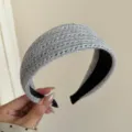 Minimalist wide woven headband in light grey with a textured knit pattern for women - Gray