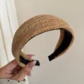 Minimalist light brown straw woven wide headband for elegant high top hair style - Khaki