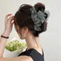 Elegant large mesh hair claw clip with rhinestones and stripes shown on an Asian model. - Black Rhinestone Mesh Style (260410)
