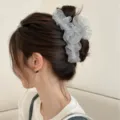 Large grey striped mesh hair claw clip with rhinestone details for elegant updo hairstyle - Grey Rhinestone Mesh Style (260410)
