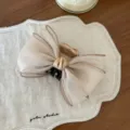 Elegant nude organza and satin bow hair claw clip for women's sophisticated hairstyles - Khaki