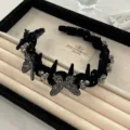 Luxury black velvet headband with sparkling rhinestone butterflies and flower details - Beaded Butterfly