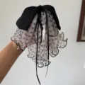 Elegant French style black bow hair clip with polka-dot mesh ruffles and ribbon - Polka Dot Beige