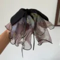 Elegant French style floral mesh bow hair clip with black ribbon for women ponytail - Floral Coffee