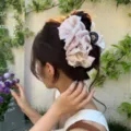 Oversized ruffled fabric hair claw clip with pearls for elegant bun updo styling. - Pink New Chinese Artificial Pearl Cloud