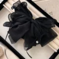 Große elegante französische schwarze plissierte Netz-Bogenspange mit Perle Damen - Schwarz