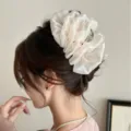 Détail d'une grande pince à cheveux en organza crème à volants sur un chignon élégant - Nuage de Filet Brillant Beige (260403)
