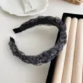 Elegant leopard print mesh headband with crystal bead details in SKU view. - Braided Beaded Style / Leopard Print Grey