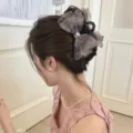 Elegant organza plaid bow hair claw clip with rhinestones for a sophisticated updo style - Pink Rhinestone Plaid Style (260410)