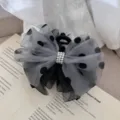 Elegant black mesh polka dot bow hair claw clip with pearl accents for women - Grey Large Dot Mesh Pearl Style (260410)