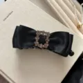 Elegant black satin bow banana clip with square rhinestone buckle for hair styling - Double Layer Bow with Square Rhinestone / Black