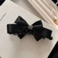 Elegant black satin bow banana hair clip with sparkling rhinestone square buckle - Bow with Rhinestone Strip / Black