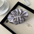 Elegant grey pleated satin banana hair clip with decorative white pearl row detail - Pearl Pleated / Faux Pearl / Gray