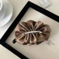 Elegant coffee brown pleated satin banana hair clip featuring a delicate pearl row - Pearl Pleated Style / Faux Pearl / Brown