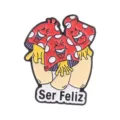 Cartoon mushroom enamel pin with happy faces and Ser Feliz text branding - Smiling Three Mushrooms Ser Feliz (QHXZ6042)
