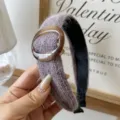 Elegant purple knitted wide headband with round brown buckle decoration for women - Purple