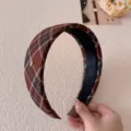 Vintage brown plaid wide headband with padded high skull top design for women's hair - Red Headband