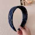 Vintage navy blue plaid wide-brim headband featuring a classic checkered pattern design - Blue Headband