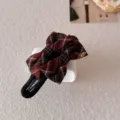 Korean style vintage burgundy and blue plaid bow hair clip with gold Love metal tag - Red Hair Clip