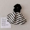 Elegant black and white striped fabric bow scrunchie hair tie with white pearl accents - Striped / Striped White
