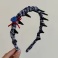 Korean style navy plaid fabric headband with anti-slip comb teeth and blue button detail - Plaid