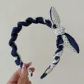 Stylish denim and polka dot bow headband with bunny ears and built-in hair clips - Polka Dot Bow With Hair Clips / White