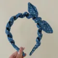 Stylish blue denim polka dot headband with rabbit ear bow and mini hair clips set - Polka Dot Bow With Hair Clips / Light Denim