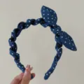 Chic blue denim headband featuring white polka dots and a cute rabbit ear bow design - Polka Dot Bow With Hair Clips / Dark Blue Denim