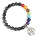8mm chakra gemstone beaded bracelet detail view featuring silver tree of life pendant. - Style 11