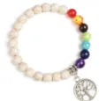 Detailed close-up view of 8mm white turquoise chakra bracelet with tree of life charm - Style 13