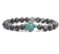 Detailed view of 8mm flash stone beaded bracelet featuring a charming turquoise turtle pendant. - Grey Spotted