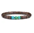 Wooden spacer beads bracelet with natural turquoise round stone charms, detailed view. - No.23