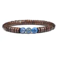 Wooden disc beads bracelet with central blue natural gemstone detailed close up view - No. 22