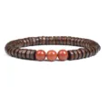 Wooden disc beads bracelet with red stone detail, elegant boho style jewelry for daily wear. - No.17