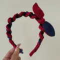 Denim polka dot bow headband in red and navy for women - Polka Dot Bow With Hair Clips / Red