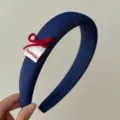 Serre-tête rembourré en denim bleu vintage avec nœud rouge et étiquette faite à la main - Bleu Marine Style Uni