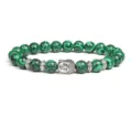 Close-up of green stone beaded bracelet with silver Buddha head charm and metal spacer beads. - Green Silk Agate